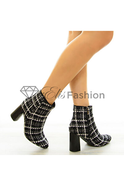 Elis Fashion Botine de dama negre cu exterior textil si toc gros de 8.5 cm #8005