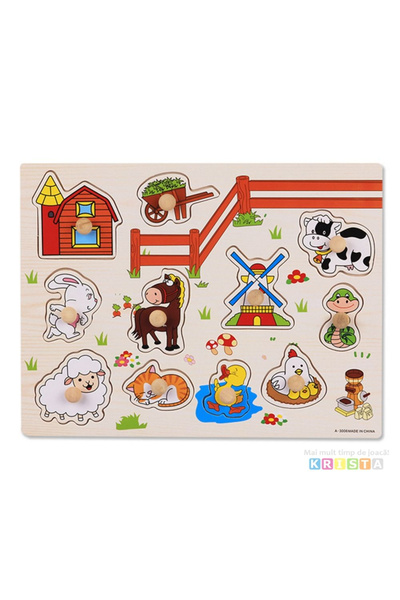 Krista Ξύλινο παζλ με ζώα και αγροτόσπιτο με κουμπιά και εικόνες