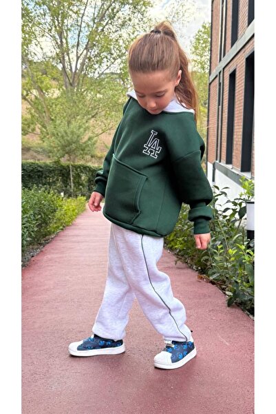 Canlook Embroidery Detailed Oversized Kangaroo Pockets Hooded Fleece-Lined Children's Set