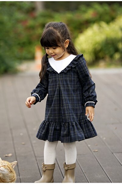 JBK Navy Blue Plaid Triangle Roba Long Sleeve Children's Dress and Buckle