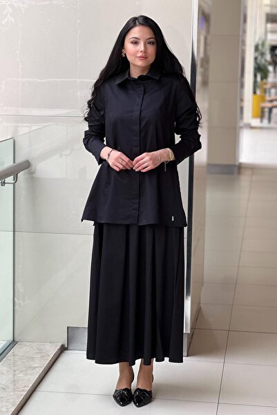 MISS DALIDA قميص ميسداليدا من قماش البوبلين ذو اللون الغامق مع حزام خصر وتنورة مريحة