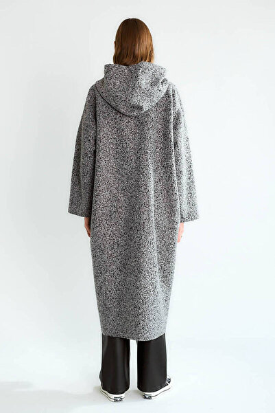 QİMYA BUTİK Robi̇n Women's K Hooded Bag Pocket Unlined Lightweight Boucle Cashmere O Oversized Long Coat