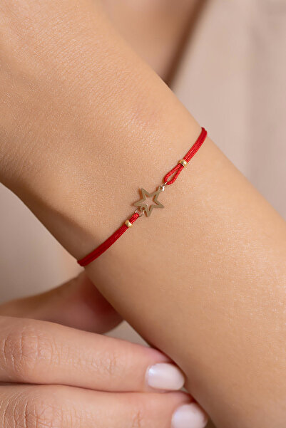 AMES GOLD KUYUMCULUK 14 Ayar Altın Minimal Yıldız Tasarımlı Kırmızı İp Bileklik