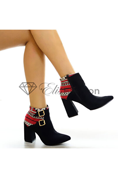 Elis Fashion Botine de dama negre cu motiv traditional si toc de 10 cm #5289