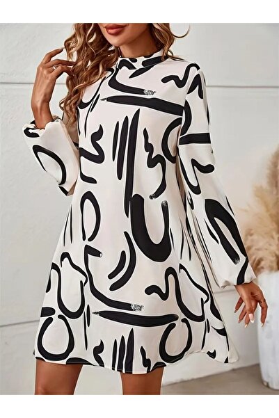 TBL DEKOR Women's Long Sleeve Turtleneck Patterned Ruffled Diving Dress