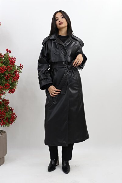 Puane Suni Deri Uzun Trenç - Siyah