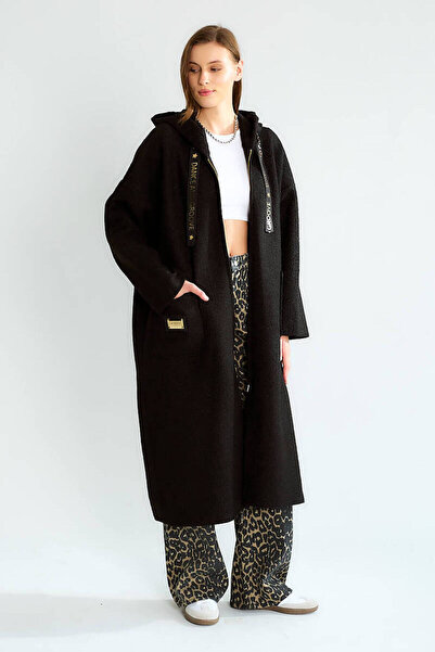 QİMYA BUTİK Robi̇n Women's K Hooded Bag Pocket Unlined Lightweight Boucle Cashmere O Oversized Long Coat