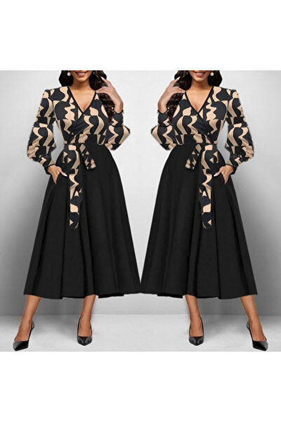 TBL DEKOR   Women's Long Sleeve Double Breasted Collar Plunging Crepe Midi Dress