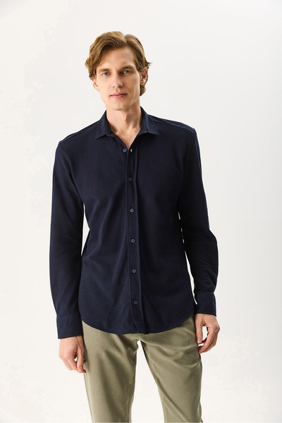 VENA Ανδρικό πλεκτό πουκάμισο Regular Fit 100% βαμβάκι - Μπλε ναυτικό