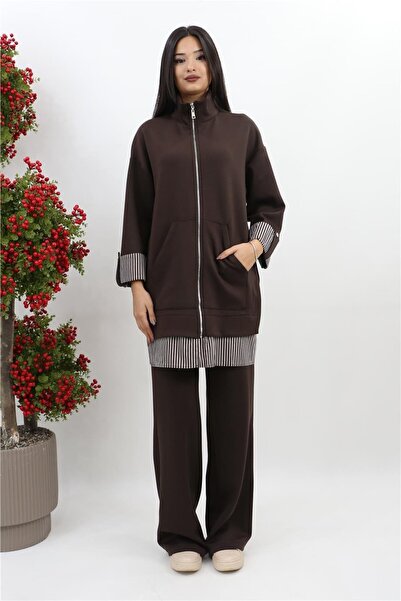 Puane Fermuarlı Garni Detaylı Pantolonlu Takım - Kahve