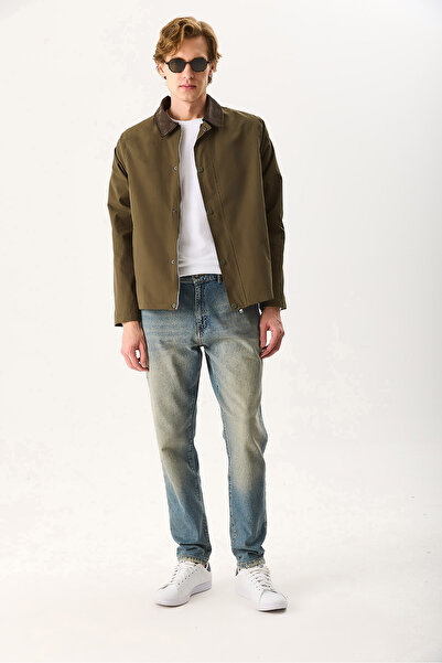 VENA Men's Velvet Collar Regular Fit Gabardine Jacket - Khaki