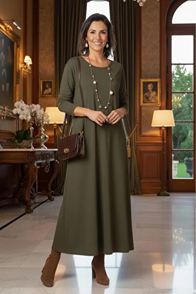 Nevin Kaya Moda Khaki Slimming Tok Combed Cotton Dress with Hidden Pockets