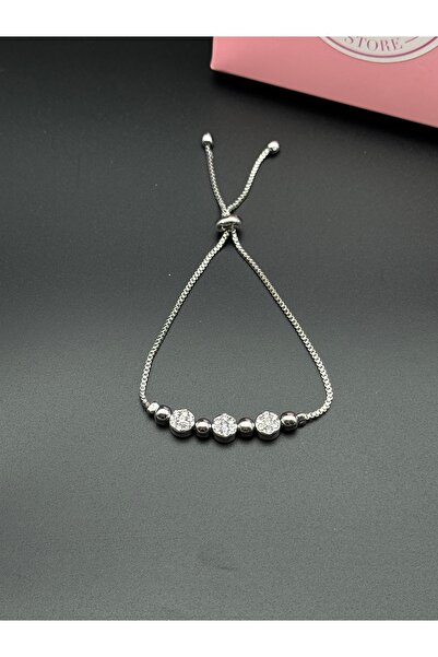 Alsem Silver Color Adjustable Sparkling Triple Round Stone Bulk Chain Bracelet, Zircon Stone Bracelet