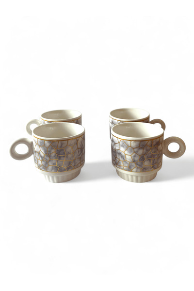 Malooki Set of 4 porcelain cups with metal stand, marble pattern, Luxury Collection