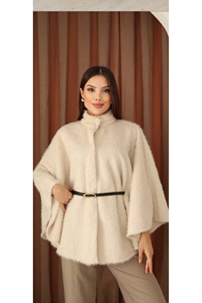 DESTİNA Women's Front Snap Closure Poncho Cardigan with Belt Detail