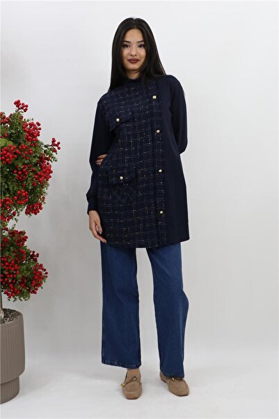 Armine Gold Düğme Detaylı Fermuarlı Tunik - Lacivert