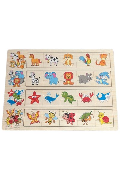 Krista Joc educativ cu tablă de lemn cu 4 categorii de puzzle-uri potrivite, ANIMALE