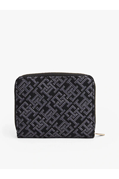 Tommy Hilfiger Women's Th Monogram Logo Patterned Zippered Interior Compartment Black Wallet Aw0Aw17957-Bds