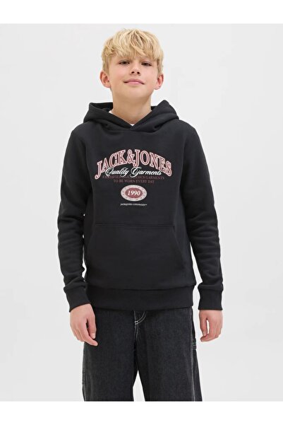 Jack & Jones Hanorac pentru băieți cu imprimeu cu logo și buzunar tip marsupiu, Negru