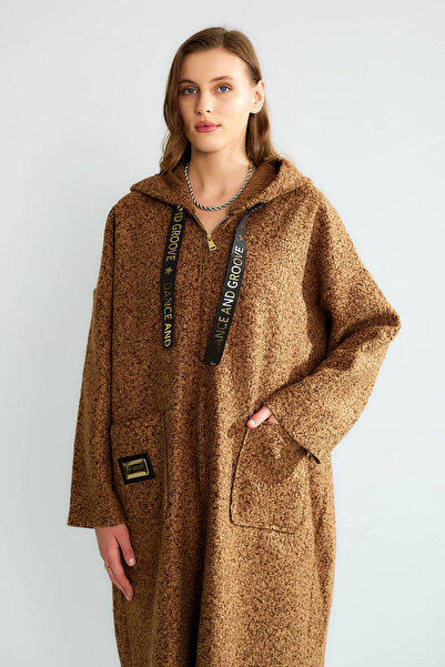 QİMYA BUTİK Robi̇n Women's K Hooded Bag Pocket Unlined Lightweight Boucle Cashmere O Oversized Long Coat