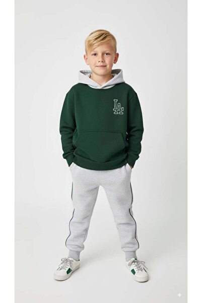 Canlook Embroidery Detailed Oversized Kangaroo Pockets Hooded Fleece-Lined Children's Set