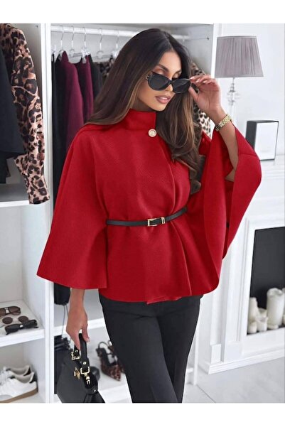 OEM - Red cape-style elegant cardigan with belt – S-M-L