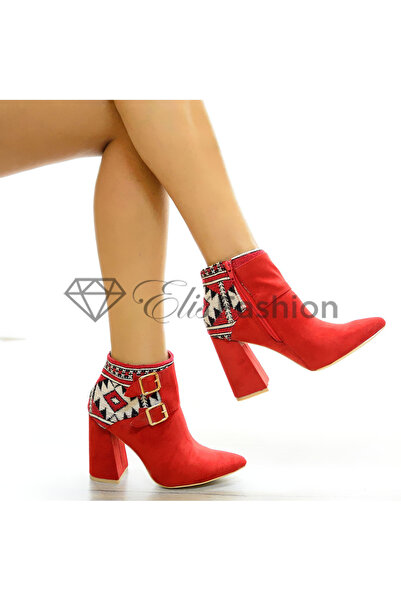 Elis Fashion Botine de dama rosii cu motiv traditional si toc de 10 cm #5292