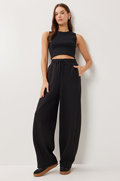 Lovelyİstanbul Ribbed Fleece-Lined Knitted Sweatpants Lub0289 Black