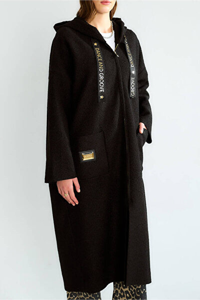 QİMYA BUTİK Robi̇n Women's K Hooded Bag Pocket Unlined Lightweight Boucle Cashmere O Oversized Long Coat