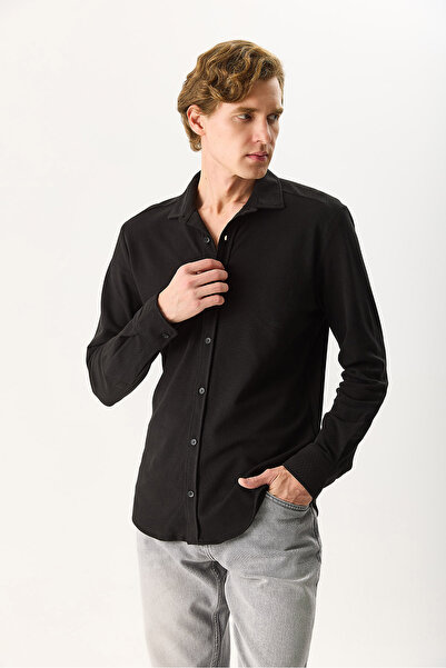 VENA Ανδρικό πλεκτό πουκάμισο Regular Fit 100% βαμβάκι - Μαύρο