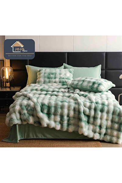 JOJO HOME Lenjerie de pat cocolino din blanita artificiala de iepure, 6 piese, Verde Multicolor