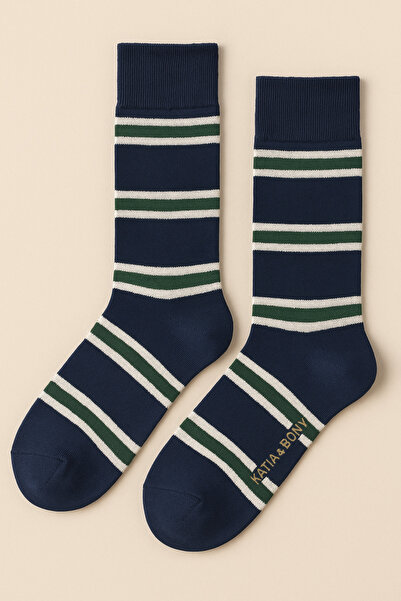 Katia&Bony Men's Striped Embroidered Socks Navy Blue