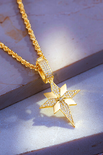 OSMANLI GÜMÜŞ Kadın 925 Ayar Gümüş 18 Ayar Altın Kaplama Kutup Yıldızı Kolye ...