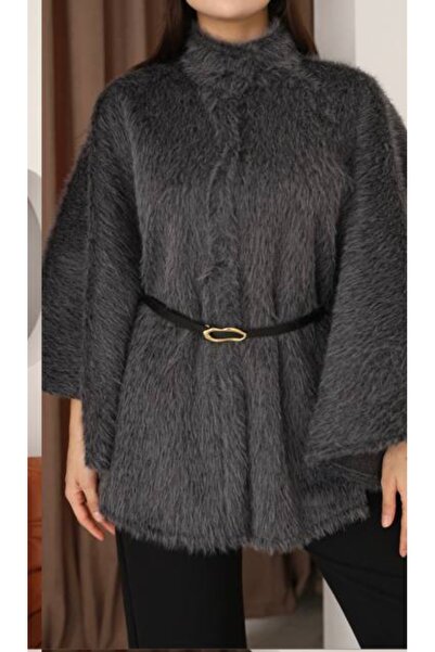 DESTİNA Women's Front Snap Closure Poncho Cardigan with Belt Detail