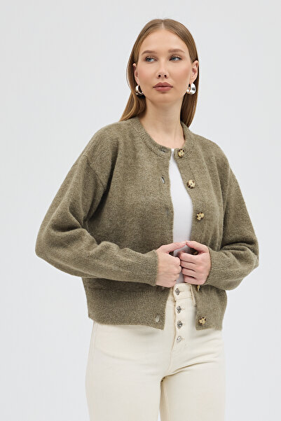 Dexia Montro - Düğme Detaylı Yumuşak Dokulu Triko Hırka - Haki Renk