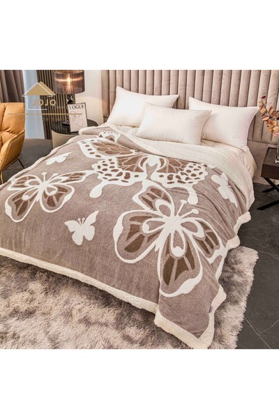 Cocolino 3D Fur Blanket – Butterfly Print, 200×230 cm-CAPPUCCINO