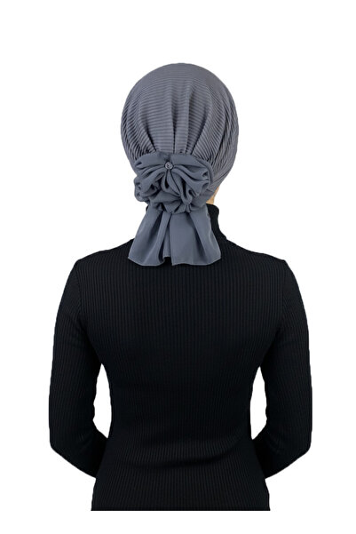 elysianfidan Luxury Pleated Dark Gray Ready-To-Wear Turban Hijab with Chiffon Floral Detail on the Back