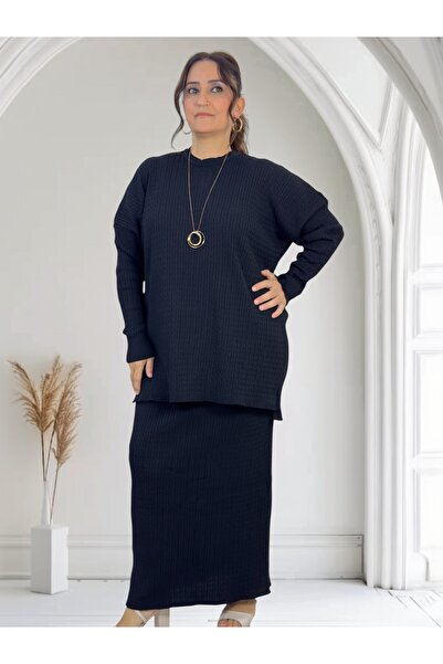 yagmurberen BLUZĂ CU MÂNECĂ LUNGĂ CU GĂRĂ CU MODEL DE TRICOTAT PENTRU PĂR, FUSTĂ ELASTICĂ LA TĂIȚEA, MĂRIME MARE, SET DUAL MERCERIZAT