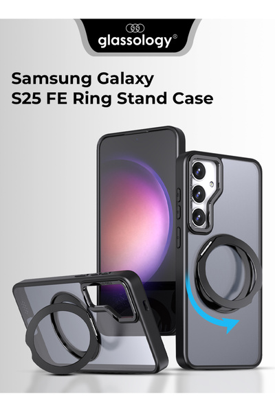 Glassology جراب MagSafe بحامل حلقي دوار 360 درجة لهاتف Samsung S25 FE - أسود