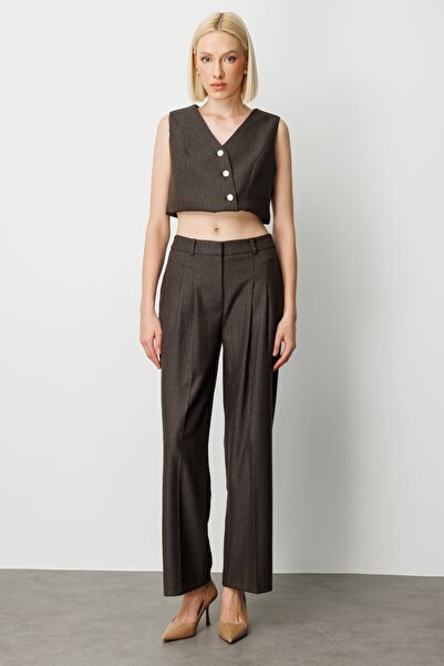 Ekol Çizgi Desenli Wide Leg Pantolon Kahve 5111-26k