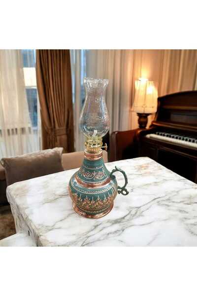 Bakır Center Bakır Gaz Lambası 26*10 CM Orta Boy Gece Lambası Tamamen El İşlemeli Renkli Bakır Kulplu Fitilli