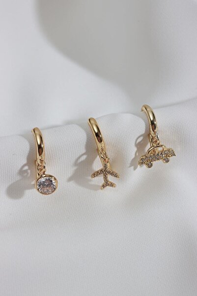 LA PERRY ACCESSORIES 3-Piece Airplane Figured Gold Earrings