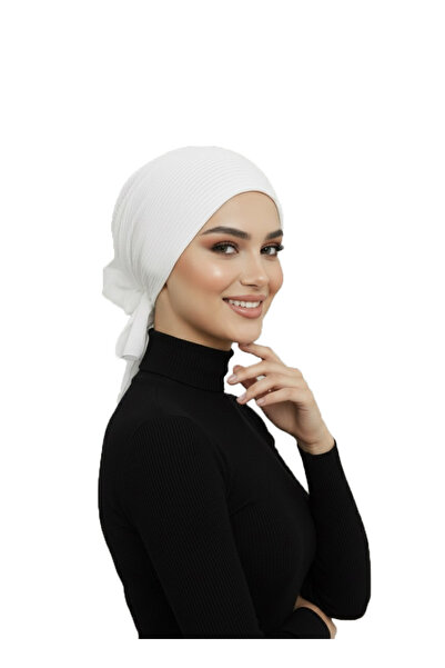 elysianfidan Luxury Pleated Ecru Ready-To-Wear Turban Hijab with Chiffon Flower Detail on the Back, Suitable for Medical Use
