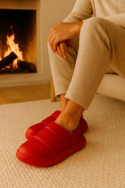 Arma House Peluş İçi Yünlü Kışlık Panduf Kırmızı Erkek Ev Terliği