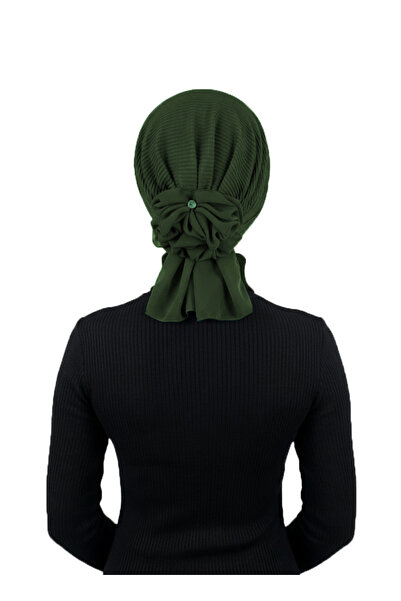 elysianfidan Luxury Pleated Khaki Ready-To-Wear Turban Hijab with Chiffon Floral Detail on the Back