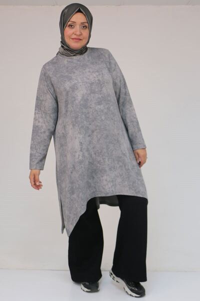 Eslina 58163 Plus Size Skirt Symmetry Cut Batik Tunic - Gray