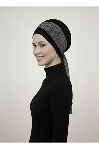 elysianfidan Nova Bandana Black-Silver Ready-To-Wear Turban Hijab Bonnet