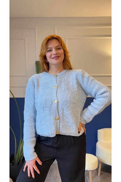 Butik Mavi yumoş düğme detaylı hırka