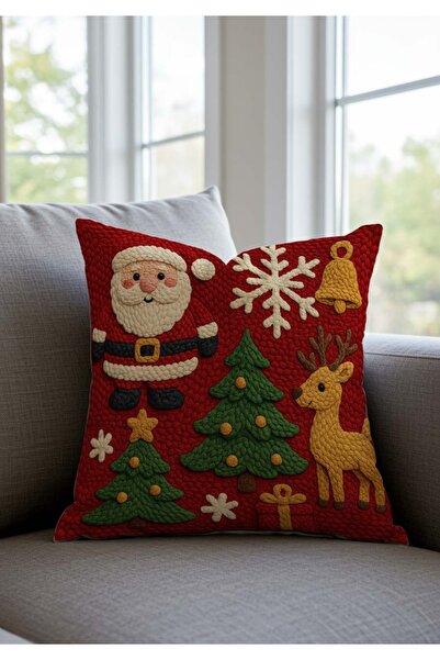 Sakallı Christmas Themed Punch Embroidery Look Santa Claus and Pine Tree Pattern Throw Pillow Cover Set of 2
