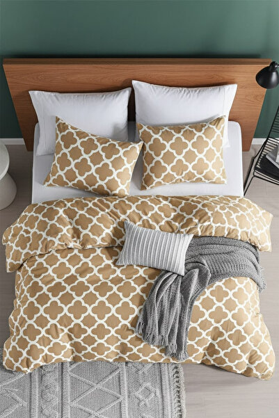 Perotti Honeycomb Beige Ranforce 100% Cotton Single Duvet Cover Set with Elastic Fitted Sheet
